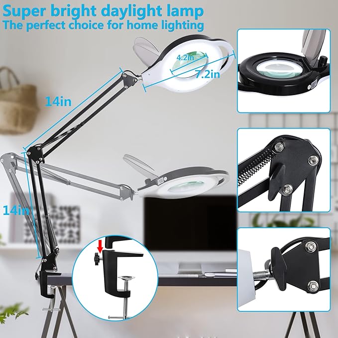 10X Magnifying Lamp with Clamp, KIRKAS 2200 LM Super Bright and Stepless Dimming Magnifying Glass with Light, Real Glass Lens Lighted Magnifier Light for Close Work, Crafts, Reading, Repair - Black - LeafyLoom