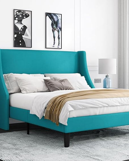 Allewie Full Size Bed Frame, Platform Bed Frame with Upholstered Headboard, Modern Deluxe Wingback, Wood Slat Support, Mattress Foundation, Peacock Green - LeafyLoom