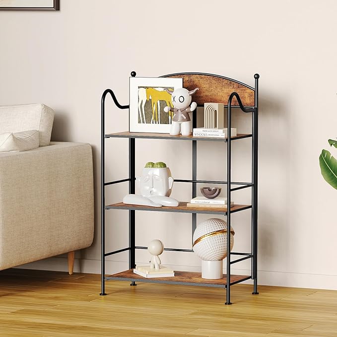 Folding Bookshelf No Assembly, 3 Shelf Black Folding Bookcase,Industrial Small Metal Corner Display Book Shelf with Storage Shelves for Bedroom,Living Room, Home Office Organization - LeafyLoom