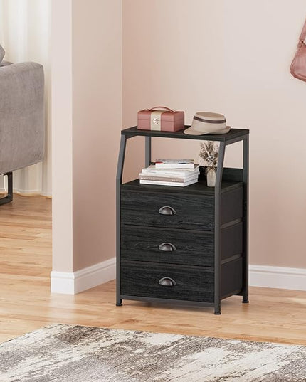 Furnulem Black Dresser for Bedroom, Small Nightstand with 3 Fabric Storage Drawers and 2-Tier Shelf, End Table Side Furniture for Closet, Hallway, Nursery, Sturdy Steel Frame, Wood Top (Black Oak) - LeafyLoom
