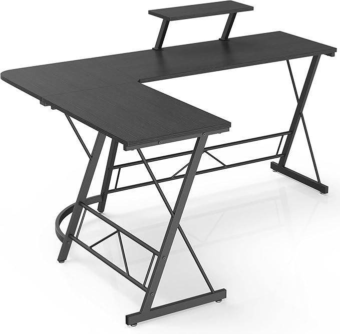 Mr IRONSTONE 63" L Shaped Computer Desk, Corner Desk, Home Office Desk, Gaming Writing Workstation with Large Monitor Stand, Easy to Assemble, Black Willow - LeafyLoom