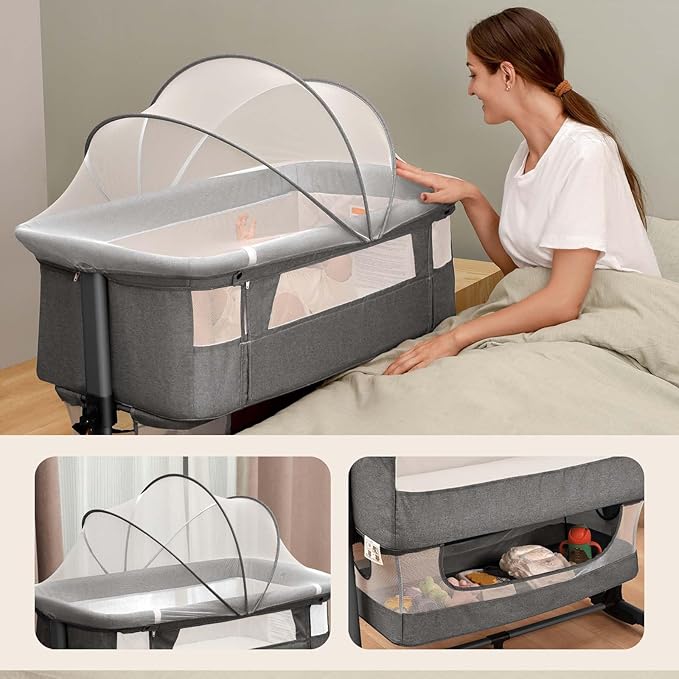 Baby Crib,3 in 1 Baby Bassinet Bedside Crib Adjustable Portable Bed for Infant,Baby Newborn Must Have Bed,Grey - LeafyLoom
