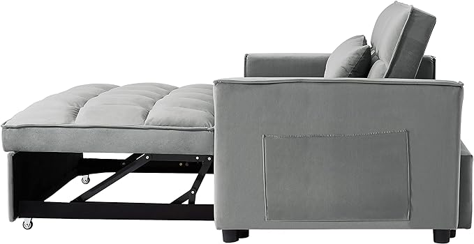 3 in 1 Convertible Loveseat Sleeper Sofa Bed,Modern Velvet Tufted Upholstered Love Seats Sofabed W/Pull Out Sleep Couch and 2 Pillows for Living Room, 55.21", Grey-1123 - LeafyLoom
