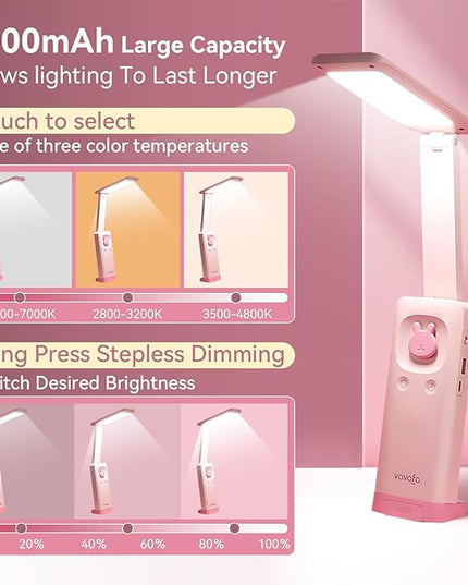 VAVOFO Desk Lamp Foldable Portable Cute Desk Lamp, Battery Powered Desk Lamp, Built-in 6000mAh Rechargeable, 3 Color Warm Pink Desk Lamp, USB C Rechargeable Desk Lamp, Cordless Desk Lamp, Battery Lamp - LeafyLoom