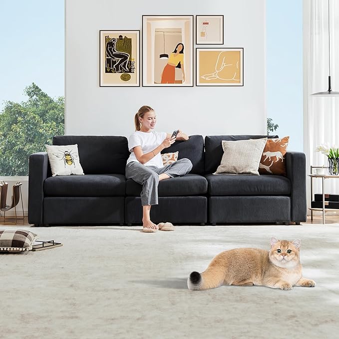 Sweetcrispy Convertible Modular Sectional Sofa, 3 Seat Sectional Couches for Living Room, Basic Shape Modern Fabric Modular Sofa Sleeper with Double Chaise for Home, Apartment, Dorm, Dark Grey - LeafyLoom