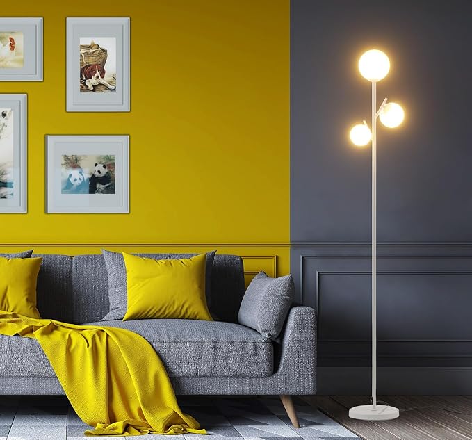 3 Globe Mid Modern Floor Lamp with Orb Frosted Glass Globe and 3000K Warm Light LED Bulbs, Cute Standing Tree Lamp for Living Room, Bedroom, Home & Office - White - LeafyLoom