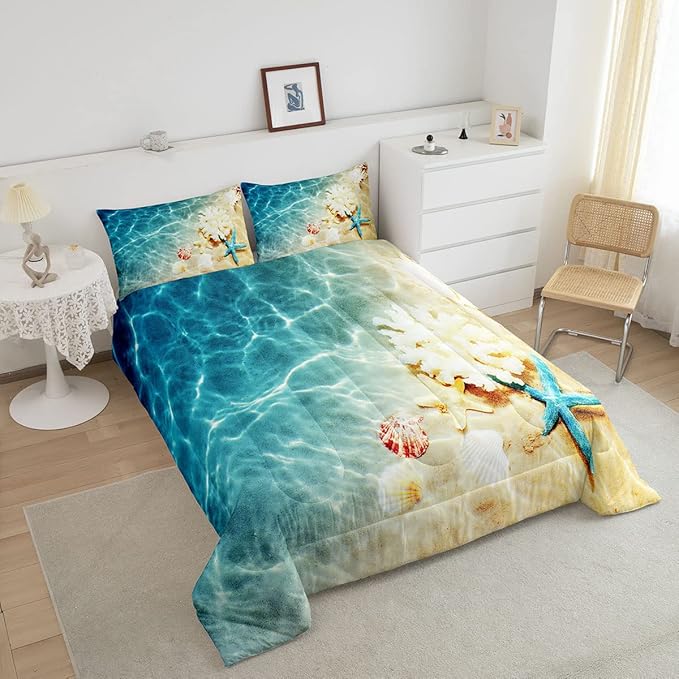 Ocean Comforter Set Twin Beach Bedding Set Coastal Nature Theme Teal Duvet Set Boys Girls Hawaiian Quilt Sets Sea Wave Animals Shell Starfish Reversible Comforter Set 1 Pillowcase, Blue Room Decor - LeafyLoom