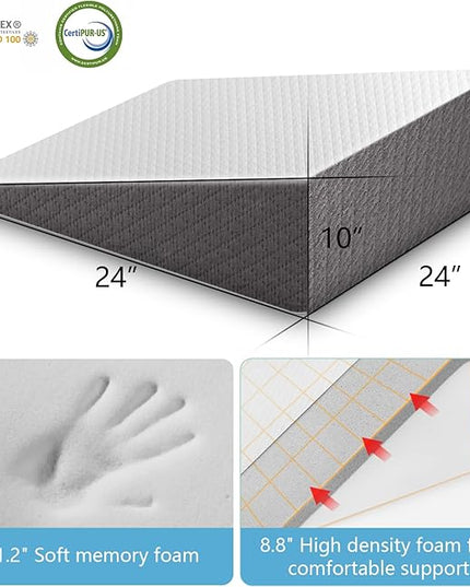 Wedge Pillow for Sleeping, 10 Inch Bed Wedge Pillow for Headboard, Wedge Pillow for Acid Reflux, After Surgery, Snoring, Cooling Memory Foam Top Triangle Pillow Wedge, Removable Cover - LeafyLoom