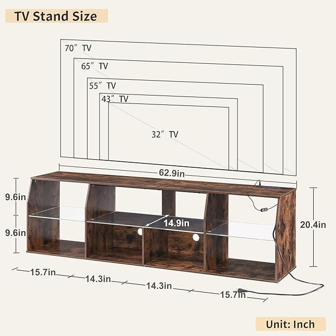 VECELO LED TV Stand with Lights & Power Outlet for 65 inch Gaming Entertainment Center with 7 Open Storage Shelves, Industrial Television Cabinet for Living Room, Bedroom, Retro Brown, 65inch - LeafyLoom