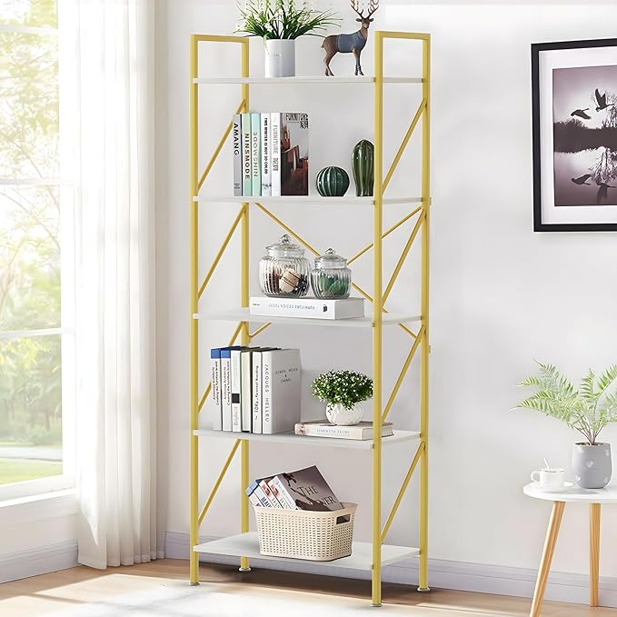 5 Tiers Bookshelf Tall Bookcase Shelf Storage Organizer Industrial Open Shelving Wood Large Modern Bookshelf for Living Room/Bedroom/Home/Office, White - LeafyLoom