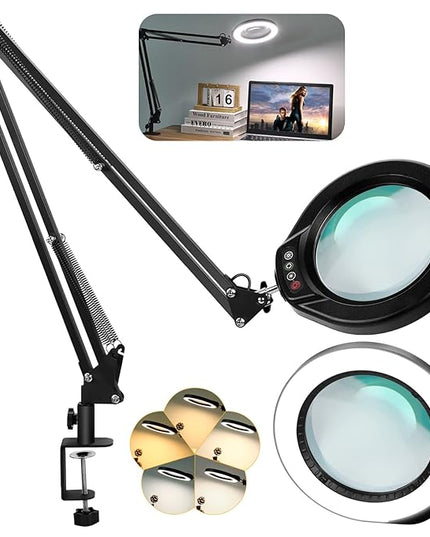 VEEMAGNI 5 Inch Large Magnifying Glass with Light and Stand, 5 Color Modes Stepless Dimmable, 2*16 Inch Swivel Arm LED Clamp Desk Lamp, Hands Free 8X Lighted Magnifier for Close Work Crafts Soldering - LeafyLoom