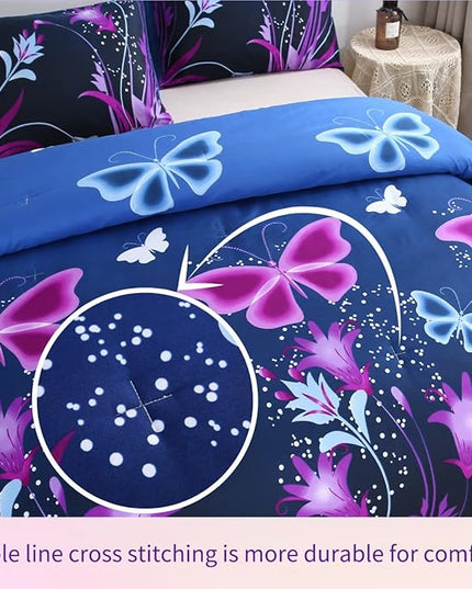 WINLIFE Butterfly Comforter Set Queen Size, 3Pcs Pink Purple Blue Black Animals Butterflies Floral Bedding Set for Girls Women, Soft Bed Set All Season Lightweight Down Alternative - LeafyLoom