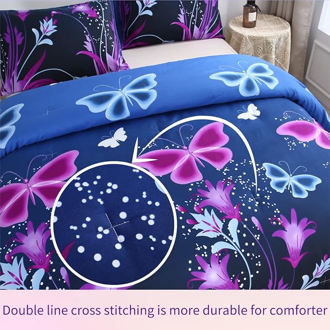 WINLIFE Butterfly Comforter Set Queen Size, 3Pcs Pink Purple Blue Black Animals Butterflies Floral Bedding Set for Girls Women, Soft Bed Set All Season Lightweight Down Alternative - LeafyLoom