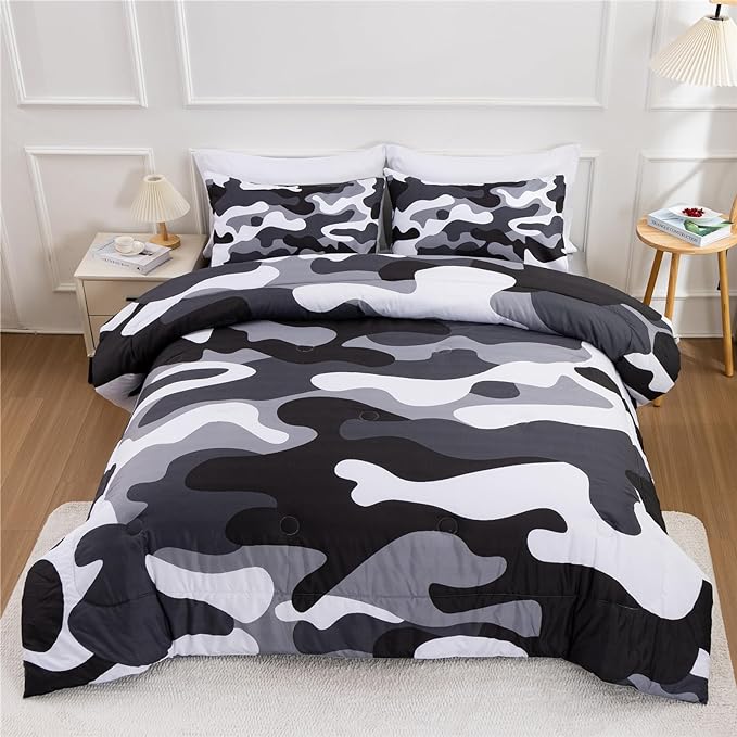 Meeting Story Camouflage Bedding Set, Colorful Pattern Style Comforter Set, 3 PCS One Comforter Two Pillowcases in One Bag, All Season Bedspread for Teens Adults (Grey,Full - LeafyLoom