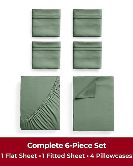 Mellanni King Sheets Set - 6 PC Iconic Collection Bedding Sheets & Pillowcases - Hotel Luxury, Ultra Soft, Cooling Bed Sheets - Deep Pocket up to 16 inch - 6 PC (King, Sage w/Extra Pillow Cases) - LeafyLoom