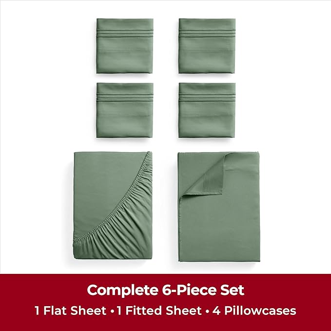 Mellanni King Sheets Set - 6 PC Iconic Collection Bedding Sheets & Pillowcases - Hotel Luxury, Ultra Soft, Cooling Bed Sheets - Deep Pocket up to 16 inch - 6 PC (King, Sage w/Extra Pillow Cases) - LeafyLoom