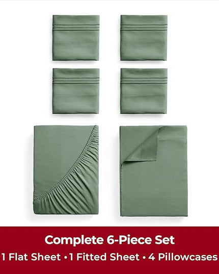 Mellanni Full Sheets Set - 6 PC Iconic Collection Bedding Sheets & Pillowcases - Hotel Luxury, Ultra Soft, Cooling Bed Sheets - Deep Pocket up to 16 inch - 6 PC (Full, Sage w/Extra Pillow Cases) - LeafyLoom