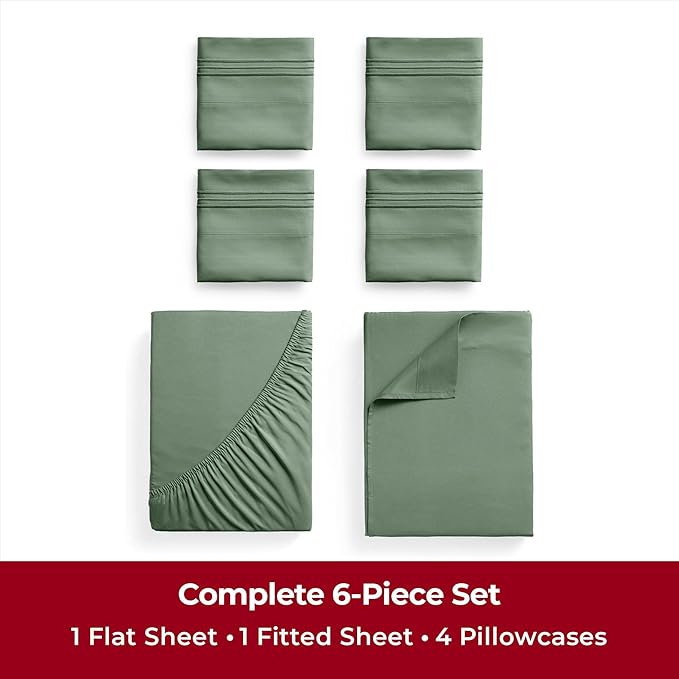 Mellanni Full Sheets Set - 6 PC Iconic Collection Bedding Sheets & Pillowcases - Hotel Luxury, Ultra Soft, Cooling Bed Sheets - Deep Pocket up to 16 inch - 6 PC (Full, Sage w/Extra Pillow Cases) - LeafyLoom