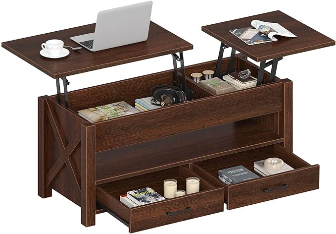 Seventable Coffee Table, 47.2" Lift Top Coffee Table with 2 Storage Drawers and Hidden Compartment, Farmhouse Center Table with Wooden Lift Tabletop, for Living Room,Espresso - LeafyLoom