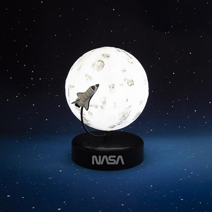 Fizz Creations NASA Inspired Moon Mood Light. Features a Realistic Cratered Effect and a Gentle Orbiting Rocket. Battery Powered. Portable. NASA Inspired Space Merchandise from - LeafyLoom