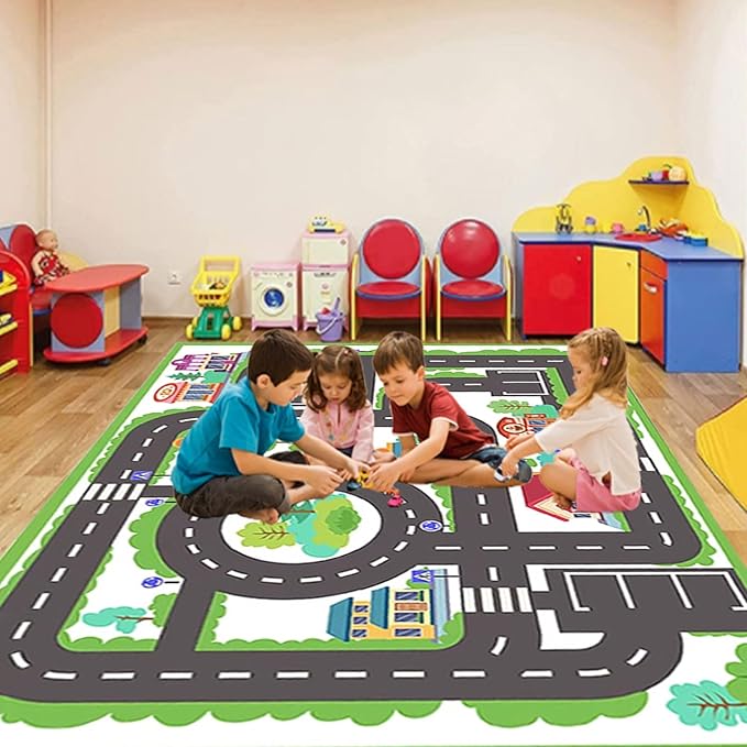 kid rug carpet playmat for toy cars and trains,road traffic kids play area rug,city Life town play Mat for Playroom Bedroom Boys,Children's Educational Fun Throw Rug with Rubber Backing 63X91IN - LeafyLoom
