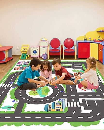 kid rug carpet playmat for toy cars and trains,road traffic kids play area rug,city Life town play Mat for Playroom Bedroom Boys,Children's Educational Fun Throw Rug with Rubber Backing 55X79IN - LeafyLoom