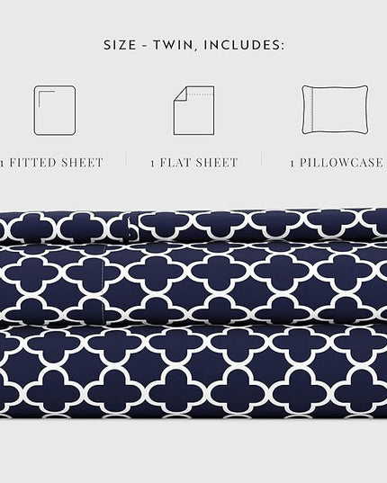 Linen Market 3 Piece Twin Bedding Sheet Set (Navy Quatrefoil) - Sleep Better Than Ever with These Ultra-Soft & Cooling Bed Sheets for Your Twin Size Bed - Deep Pocket Fits 16" Mattress - LeafyLoom