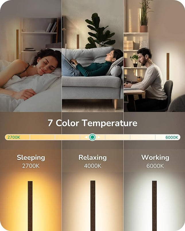 EDISHINE Wood LED Corner Floor Lamp, Modern Dimmable Light with Remote, Minimalist Standing Floor Light for Living Room, Bedroom, Office, 7 Color Temperature 2700~6000K, 46" - LeafyLoom