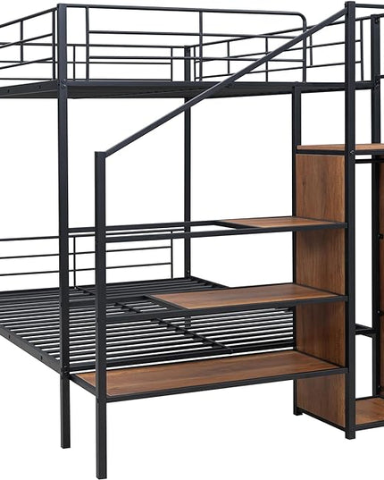 Full Over Full Metal Bunk Bed Frame with Lateral Storage Ladder & Wardrobe,Heavy-Duty Steel Frame Bunk Bed with Safety Guard Rails, for Kids Teens Adults, No Box Spring Needed - LeafyLoom