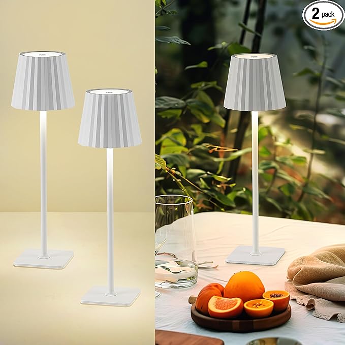 Cordless LED Table Lamps White Desk Lamp with 5200mAh Battery Operated, Touch Control, 3 Colors Stepless Dimming for Home Office Restaurant Bedroom Bars (2 Pack), TL02WH-2PK - LeafyLoom