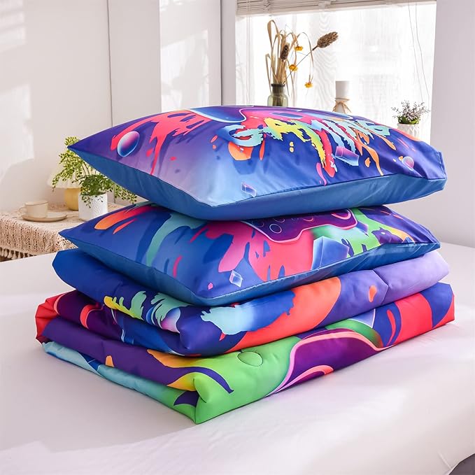 Aimuan Gamer Gaming Bedding Sets 3D Gamepad Comforter Sets for Boys Games Console Action Buttons Novelty Colorful Game Controller Modern Room Decor Home Quilt Set (Queen, Purple) - LeafyLoom