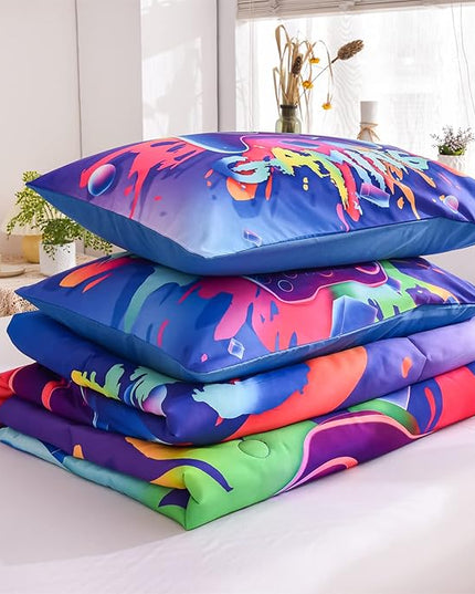 Aimuan Gaming Comforter Sets for Boys Kids Bedding Sets Video Games Console Action Buttons Novelty Colorful Game Gamepad Controller Modern Gamer Room Decor Home Quilt Set (Full, Purple) - LeafyLoom