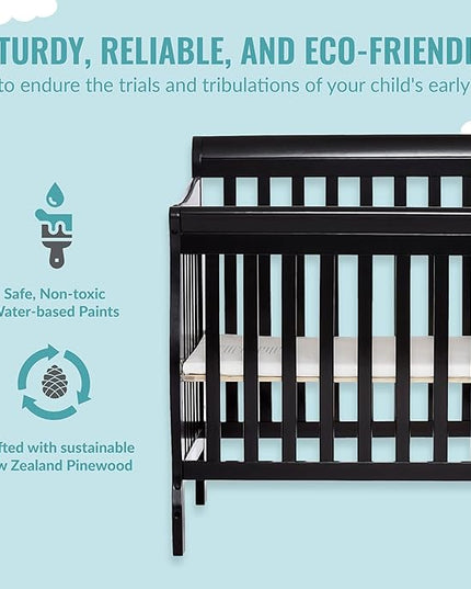 Aden 4-in-1 Convertible Mini Crib In Black, Greenguard Gold Certified, Non-Toxic Finish, New Zealand Pinewood, With 3 Mattress Height Settings - LeafyLoom
