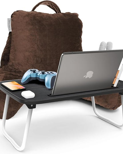 Clara Clark Reading Pillow with Portable Lap Desk Set for Kids, Back Pillow for Sitting Up in Bed, Memory Foam Back Support Pillow, Bed Rest Pillow with Foldable Laptop Desk, Small - Chocolate Brown - LeafyLoom