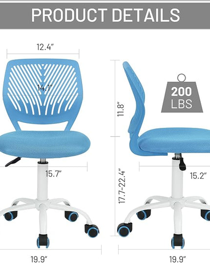 FurnitureR Desk Chair Small Study Chairs Armless for Child Kids Teens, Swivel Rolling Lightweight Task Chair with Wheels and Mesh Padded Cushion, Blue - LeafyLoom
