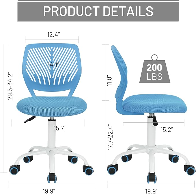 FurnitureR Desk Chair Small Study Chairs Armless for Child Kids Teens, Swivel Rolling Lightweight Task Chair with Wheels and Mesh Padded Cushion, Blue - LeafyLoom