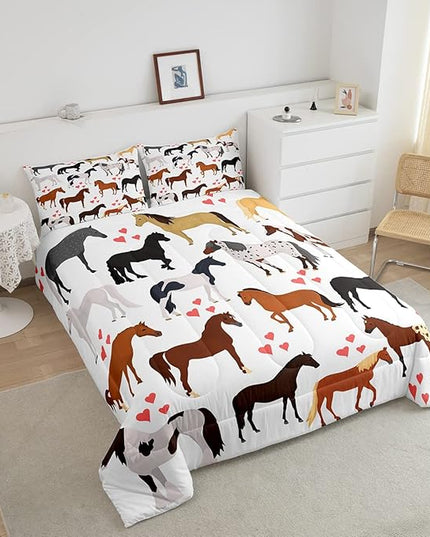Galloping Horse Comforter Set Full Farm Bedding Set Kids Boys Girls Teens Cute Safari Animal Duvet Set Cartoon Horses with Pink Lover Heart Decor Kawaii Lightweight Cowboy Cowgirls Down Comforter - LeafyLoom