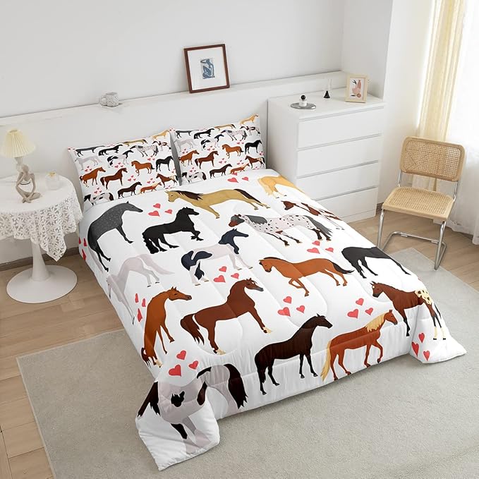 Galloping Horse Comforter Set Full Farm Bedding Set Kids Boys Girls Teens Cute Safari Animal Duvet Set Cartoon Horses with Pink Lover Heart Decor Kawaii Lightweight Cowboy Cowgirls Down Comforter - LeafyLoom