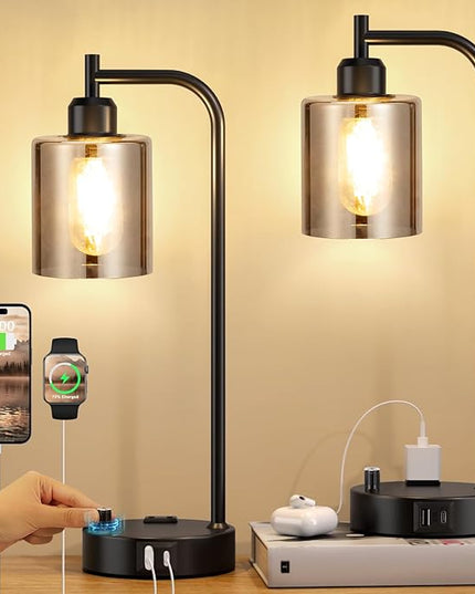 Industrial Desk Lamps for Office Set of 2 - Fully Dimmable Bedside Lamps with USB A C Ports and Outlet, Black Nightstand Lamps with Grey Glass Shade for Living Room, Table Lamps for Bedrooms Reading - LeafyLoom