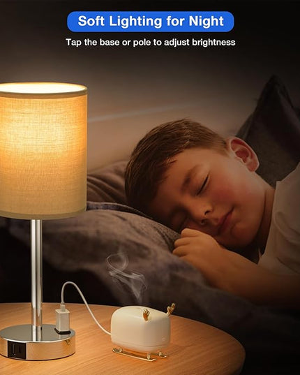 Grey Touch Lamps for Bedrooms Set of 2 - 3 Way Dimmable Bedside Lamp with USB C and A Ports and Outlets, Modern Nightstand Lamp with Gray Shade and Silver Base, Small Table Lamps for Kids Nursery - LeafyLoom