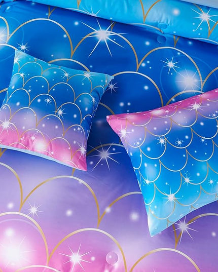 URBONUR 6Pcs Mermaid Comforter Set for Girls Full Size Bed in a Bag Pink Purple Blue Sparkle Glitter Bedding Set Soft All Season Comforter with Sheet Set - LeafyLoom
