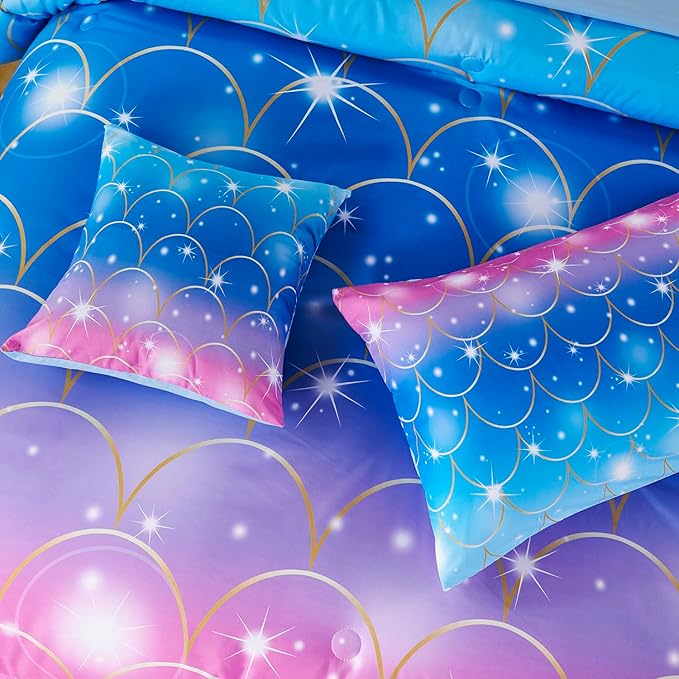 URBONUR 6Pcs Mermaid Comforter Set for Girls Full Size Bed in a Bag Pink Purple Blue Sparkle Glitter Bedding Set Soft All Season Comforter with Sheet Set - LeafyLoom