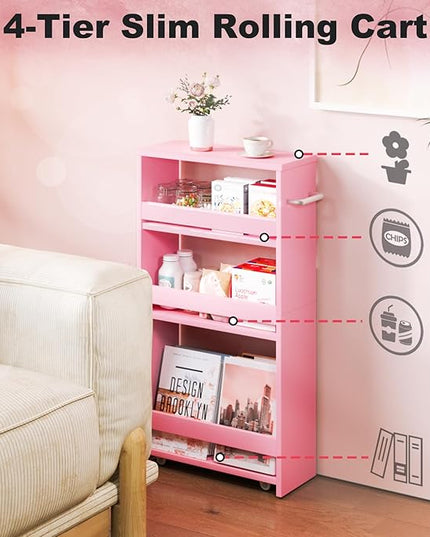 MARTY Pink Slim Storage Cart, 4-Tier Rolling Bookshelf Kitchen Cart on Wheels, Laundry Room Organization with Handle Slide Out Utility Cart Shelving Unit Trolley for Narrow Places - LeafyLoom