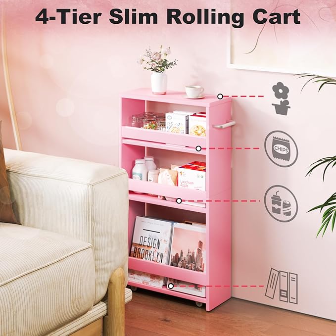 MARTY Pink Slim Storage Cart, 4-Tier Rolling Bookshelf Kitchen Cart on Wheels, Laundry Room Organization with Handle Slide Out Utility Cart Shelving Unit Trolley for Narrow Places - LeafyLoom