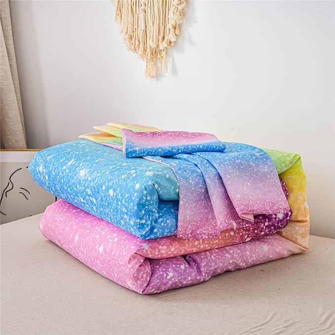 Holawakaka Kids Space Star Glitter Comforter Set Ombre Multi-color Print Gradient Bedding Set Full Size (Multi-color, Full) - LeafyLoom