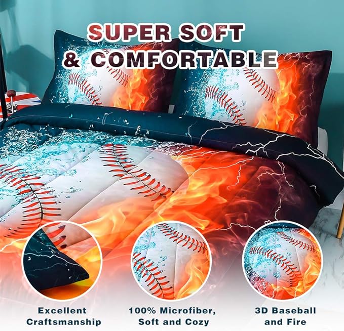 Andency Baseball Comforter Full (79x90 Inch), 3 Pieces(1 Baseball Comforter, 2 Pillowcases) 3D Microfiber Sport Baseball Comforter Set for Boy Kids Teens - LeafyLoom
