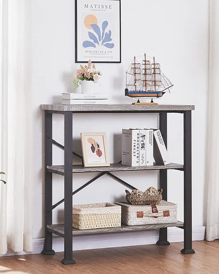 HOMBAZAAR Bookshelf, 3-Tier Vintage Industrial Book Shelf, Rustic Wood and Metal Bookcase and Bookshelves, Free Standing Storage Small Bookshelf for Living Room, Bedroom and Kitchen, Grey Oak - LeafyLoom