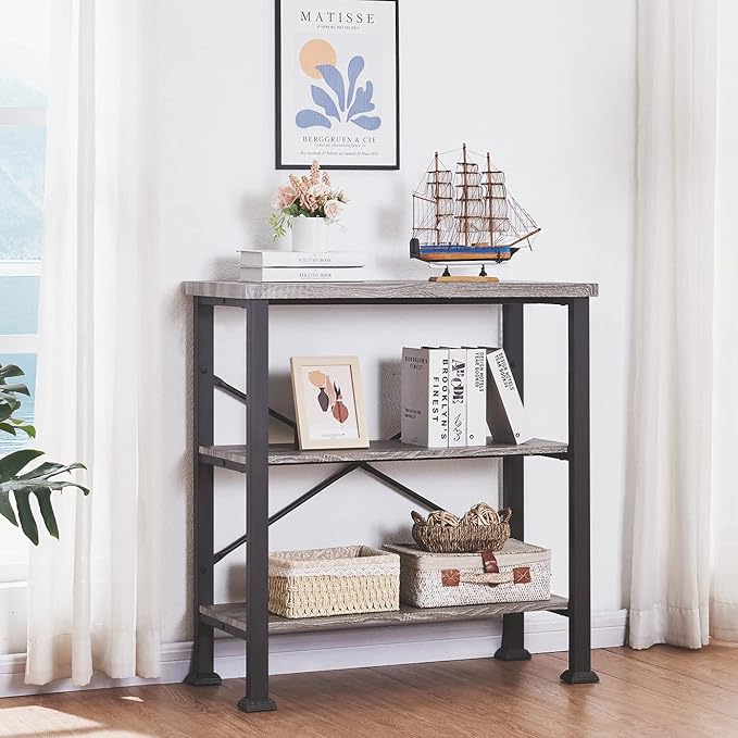 HOMBAZAAR Bookshelf, 3-Tier Vintage Industrial Book Shelf, Rustic Wood and Metal Bookcase and Bookshelves, Free Standing Storage Small Bookshelf for Living Room, Bedroom and Kitchen, Grey Oak - LeafyLoom