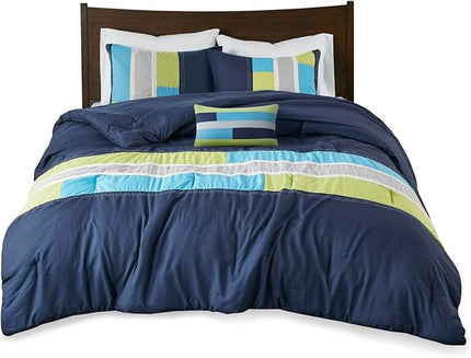 Mi Zone Cozy Comforter Set Geometric Stripes Vibrant Color Design All Season Bedding Matching Shams, Decorative Pillow, Twin/Twin XL, Pipeline Navy, 3 Piece - LeafyLoom