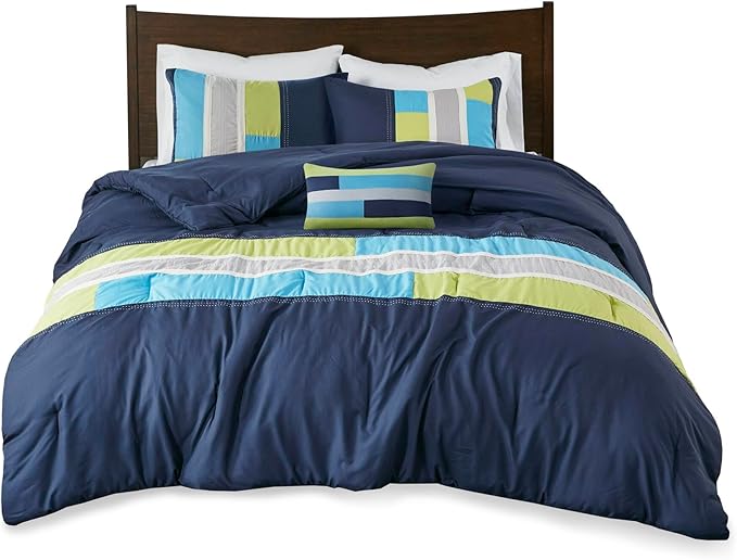 Mi Zone Cozy Comforter Set Geometric Stripes Vibrant Color Design All Season Bedding Matching Shams, Decorative Pillow, Twin/Twin XL, Pipeline Navy, 3 Piece - LeafyLoom